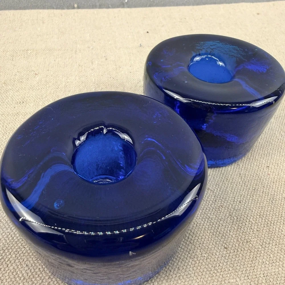 Blenko‎ 990A Cobalt Blue Pucks Glass Candle Holders Don Shepherd